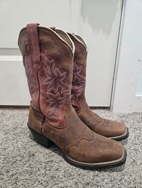 Tony Lama Brown and Dusty Rose Embroidered Western Heeled Boots